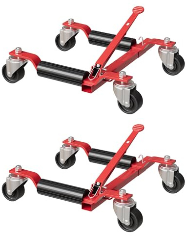Car Wheel Dolly Jack Set of 2, Heavy Duty 1500 LBS Vehicle Positioning Jack with Ratcheting Foot Pedal & 4 Swivel Casters, for Tire Repair & Auto Moving