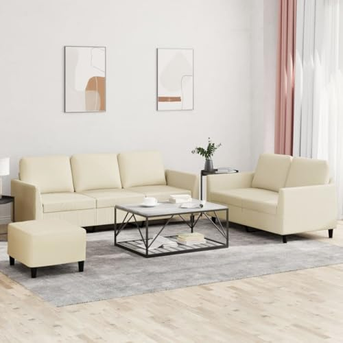 HETFTJN 3-TLG. Creme Kunstleder Sofagarnitur mit Hocker Modernes Zweisitzer & Dreisitzer Sofa Set 200/140 cm Breit Bequeme Sitzecke für kleine Wohnzimmer Balkon Schlafzimmer