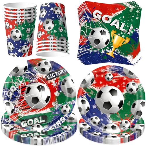 Jiahuade Juego de 50 platos desechables para fiestas de fútbol, fútbol, decoración de cumpleaños, decoración de fiesta de fútbol, decoración para fiestas de fútbol, niñas, niños, con vasos de papel