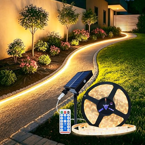 SOAIY Tira de luces LED solares para exteriores de 5M con 300 LEDs, banda de luces LED regulable con control remoto, 8 modos, temporizador, autoadhesiva, impermeable, guirnalda de luces para jardín