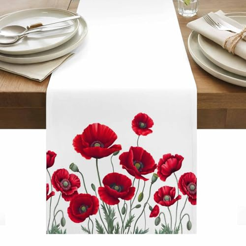 Spring Red Opium Poppy Flower Table Runner 90 Inches Long Summer Watercolor Plant Linen Table Runner for Home Party Holiday Kitchen Dining Tables Decoration