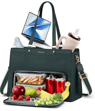 RAINSMORE Lehrertasche Damen mit Kühlfach 15,6 Zoll Laptoptasche Arbeitstasche Damen Groß PU Leder Business Handtasche mit Lunchfach Wasserdicht für Büro Uni Schule Dunkelgrün