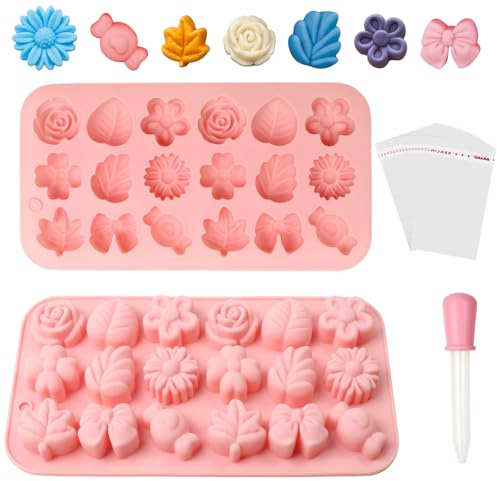 2 Moules en Silicone Fleurs, Moules à Chocolat Forme de Fleurs et Feuilles | Réutilisable, Silicone Souple, Démoulage Facile, Moules Bougies à Savon pour la Fabrication Bougies et la Pâtisserie Maison
