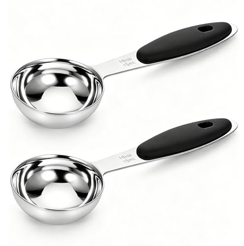 2 Pcs 1 Tbsp (3tsp,15ml, 1/2oz) Tablespoons Measuring Spoon Stainless Steel Big Measuring Spoon Tablespoon Coffee Scoop with Black Silicone Grip for Coffee Pet Food Grains