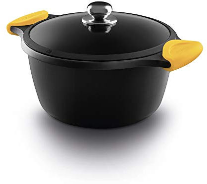 CASTEY - Cacerola Alta Vitro-Gas, 24 cm, Aluminio, Color Amarillo, con Tapa, Revestimiento Antiadherente, Distribuye de Forma Homogénea el Calor, Resistente y Duradera, Libre de PFOA