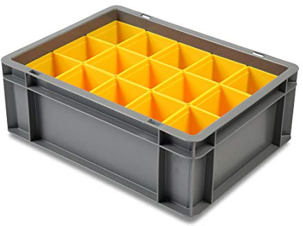 1a-TopStore Transport-Stapelkasten/Eurobehälter mit 15 gelben Einsätzen, 400x300x145 mm (LxBxH)