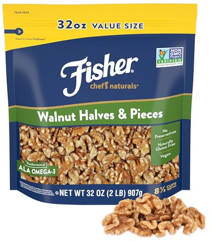 Fisher Chef's Naturals Walnut Halves & Pieces 2 lb, 100% California Unsalted Walnuts for Baking & Cooking, Healthy Snacks for Adults, Resealable Bag, Vegan Protein, Keto Snack, Chopped Nuts, Topping