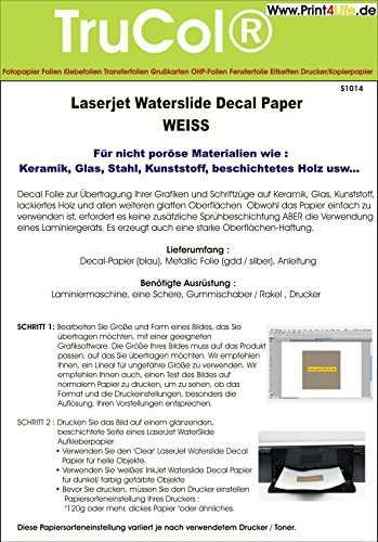 5 Blatt Wasserschiebefolie Decal Papier Transfer Folie DIN A4 Weiss für Laserdrucker Kopierer WEIßE Folie wasserabschiebefolie Transferfolie Transferpapier