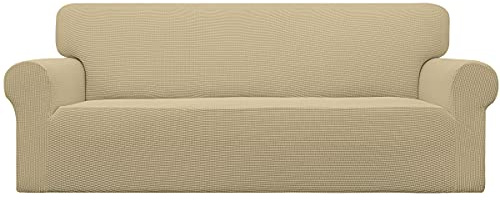 Easy-Going Stretch Sofa Slipcover 1-Piece Sofa Cover Furniture Protector Couch Soft with Elastic Bottom for Kids, Polyester Spandex Jacquard Fabric Small Checks (Sofa, Beige)