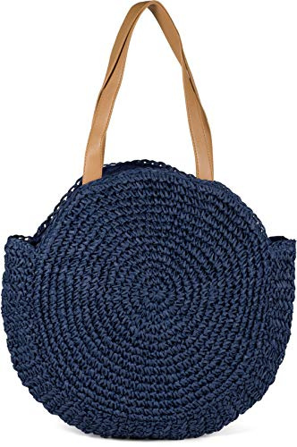 styleBREAKER Damen Bast Strandtasche Rund 42x46x13 cm | 42x46x13 cm großes Flecht-Hauptfach mit Reißverschluss. 54 cm lange feste Kunstleder-Tragehenkel für die Schulter.