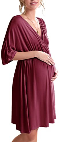 Ekouaer 3 in 1 Labor/Delivery/Hospital Gown Maternity Dress Nursing Nightgown Sleepwear for Breastfeeding, Wine Red, Large