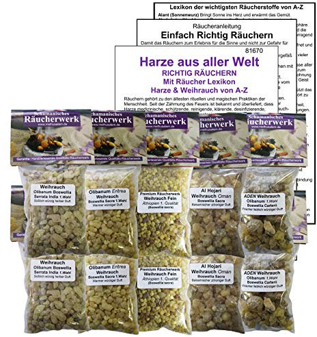 10 x TOP 5 Reine WEIHRAUCH HARZE zum räuchern 10 x 50ml (500ml). Olibanum Eritrea + Äthiopien + Oman + Sacra Aden + Boswellia Serrata mit Anleitung. 81670-2