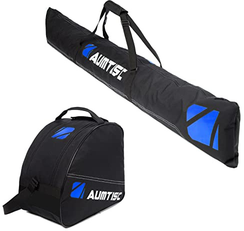 AUMTISC Borsa per Kit da Sci - Borsa per Scarponi Combinata e Imbottita per 1 Paio di Scarponi - Borsa da Sci Regolabile Fino a 200 cm(Blu,Base)