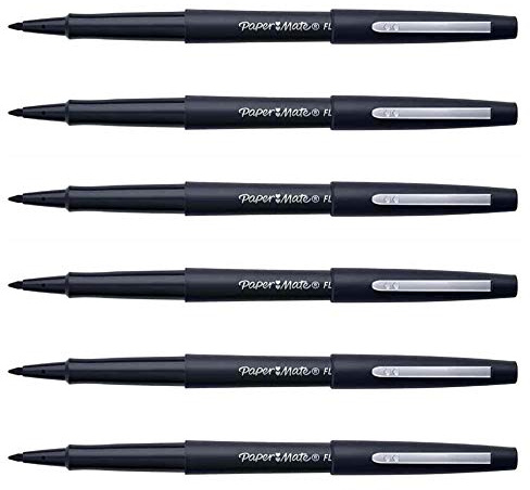 Paper Mate Pack of 6 Felt-Tip Pens Flair Original Black, Medium Point, Metal Clip, Body and Cap in Ink Color (S0190972/S0190973)