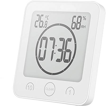 BIOBEY Digital Bathroom Clock Shower Timer with Alarm Bathroom Temperature Humidity Clock,Waterproof Thermometer Hygrometer Wall Clock with Suction Cup Hanging Hole Stand 1PC