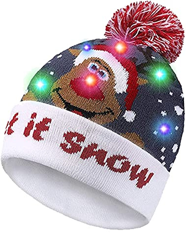 JFAN Natale Cappello Lavorato A Maglia da Adulti Unisex con LED Inverno Light Up Caldo Partito Motivo Natalizio Bianco+Grigio-Fulvo Fiocco di Neve Taglia Unica