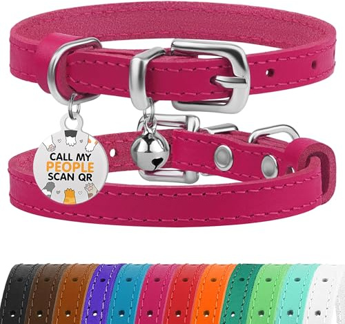 BRONZEDOG Katzenhalsband aus Leder mit Glöckchen, Nicht abreißbar, QR-Tag für Mädchen und Jungen (Rosa und Silber, 18-23 cm)