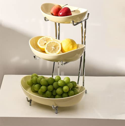 JUNYFFF Frutero 3 Pisos,Vintage Cesta De Frutas,Beige Cerámica Juego De Cuencos con Pararse Metálico para Sala De Estar,Cocina