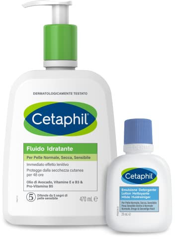Cetaphil Fluido Idratante Crema Corpo, Senza Profumo, Formato 470 ml + Emulsione Detergente Viso e Corpo, Senza Profumo, Formato Viaggio 29 ml