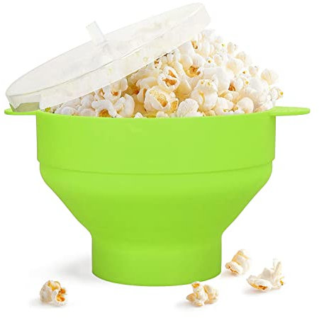 Large Microwave Popcorn Bowl with Lid and Handle, Food Grade Silicone Popcorn Popper, Resuable Microwave Popcorn Maker, Foldable DIY Popcorn Making Bowl, 40℃ to +230℃ Temperature Resistance(Green)