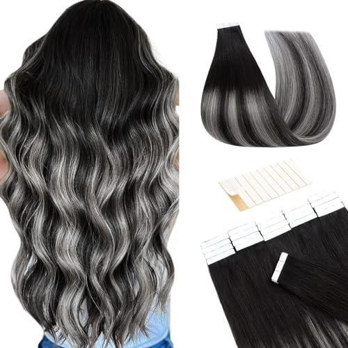 TESS Tape Extensions Echthaar #1BT1BPGREY Natürlich Schwarz Gemischt Silber Grau Echthaar Tape in Haarverlängerung Remy Human Hair Glatt 10 Stück 22(55cm)-25g