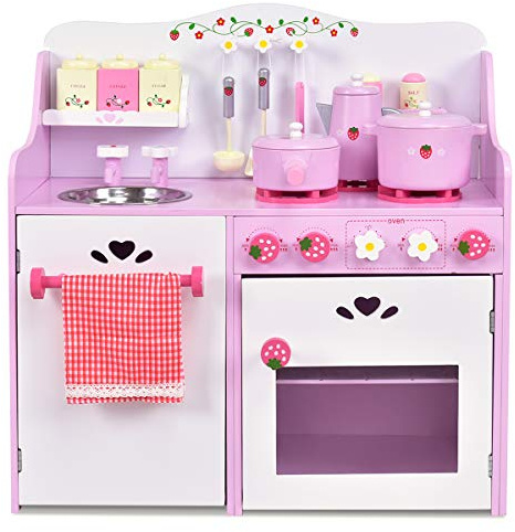 DREAMADE Kinderküche Spielküche aus Holz mit Spielzubehör, Kinderspielküche mit Waschbecken Herd Backoffen, Holzküche Spielzeugküche für Kinder ab 3 Jahren, 60 x 30 x 62 cm