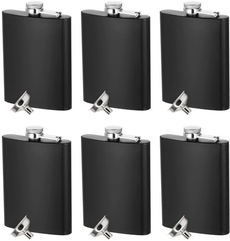 6 Pack Hip Flask for Men, 8 oz Portable Pocket Hip Flasks, Stainless Steel Leakproof Flasks with Funnel, Matte Black Liquor Flask for Groomsmen, Women, Camping, Hiking, Outdoor Activitie