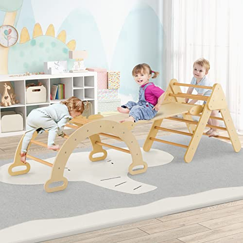 DREAMADE Échelle d’Escalade avec Triangle/Arche/Rampe pour Enfants 1+ Ans, Aire de Jeux Éducatif en Bois pour Garçons et Filles, Charge Max. 50KG, Convient à Maternelle, Maison (Naturel)