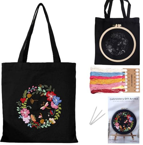 DKDDSSS Sticken für Anfänger Stofftasche Set, Sticken Set Erwachsene, DIY Bastelset Erwachsene, Enthalten Anleitung, Stickrahmen und Stofftasche mit Blumenmuster für Anfänger(Schwarz)