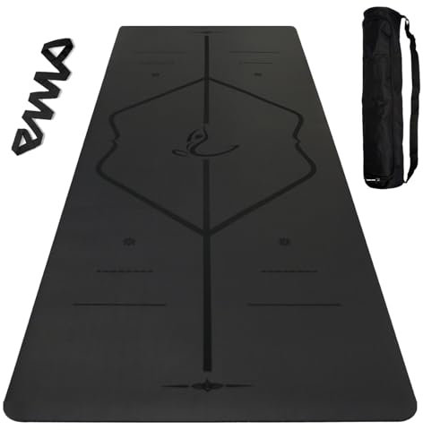 Yogamatte – inklusive Yogatasche – patentiertes Ausrichtungssystem, kriegerähnlicher Griff, rutschfest, umweltfreundlich und biologisch abbaubar, schweißresistent, lang, breit, 5 mm dicke Matte für