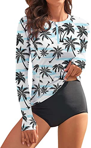 WOWENY Rashguard - Maglietta da Nuoto da Donna, a Maniche Lunghe, con Cerniera a 1/4, PD, L