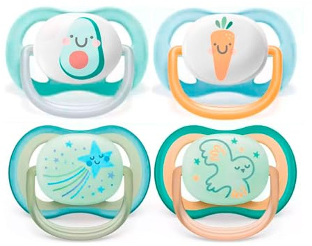 Philips Avent Schnuller 0-6 Monaten (4er Pack) Tag & Nacht, 2 Ultra Soft Schnuller & 2 Ultra Air Nighttime im Dunkeln leuchtende Schnuller, inkl. Transport- und Sterilisationsbox, 0-6 M, 4 Stück