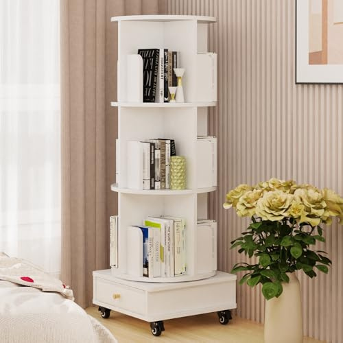 Lvhcmfohm Drehbares Bücherregal mit Rollen, Drehregal Buchregal Bücherschrank mit Schubladen, Bookcase 360° frei Drehbar mit 3 Ebenen (Weiß, 40x40x115cm)