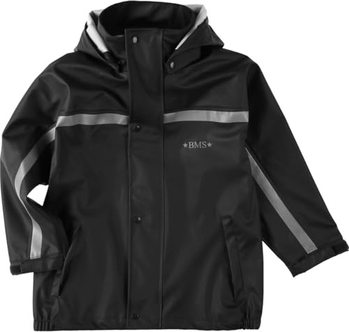 BMS® Regnjacka med avtagbar huva för barn, 100% vattentät, justerbara armspetsar, lätt ventilerande, särskilt hudvänlig och mjuk softskin, Oeko-Tex, flicka, pojkar, svart, 98