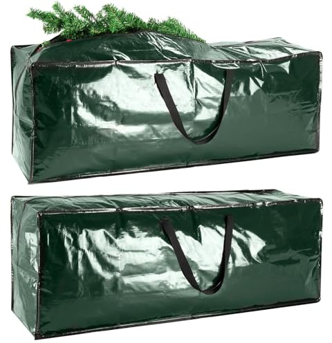 iespell 2 Pack Extra Large Reinforced Waterproof Green Polyethylene Christmas Tree Storage Bag with Zipper and Handles, Fits 7.5FT Tall Xmas Trees