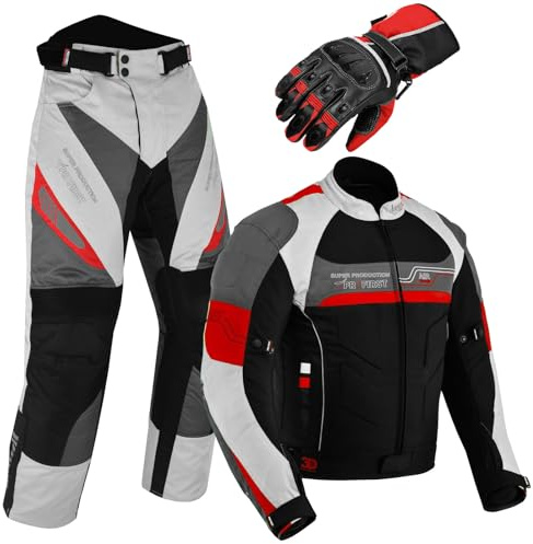 Fully Protective Motorbike Suit With Gloves Waterproof 2 Piece Full Suit in Cordura Fabric and CE Approved Armours - Jacket+Trouser+Glove All Season (Red, L - 40 Chest / 34 Waist + Free Gloves)