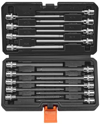 VEVOR Set di Chiavi a Bussola Esagonali Lunghe per Meccanici 18 Pezzi Attacco da 3/8 pollice in Acciaio Legato S2 Acciaio Cr-V, Standard SAE e Metrico da 1/8 pollice a 3/8 di pollice, 3-12 mm