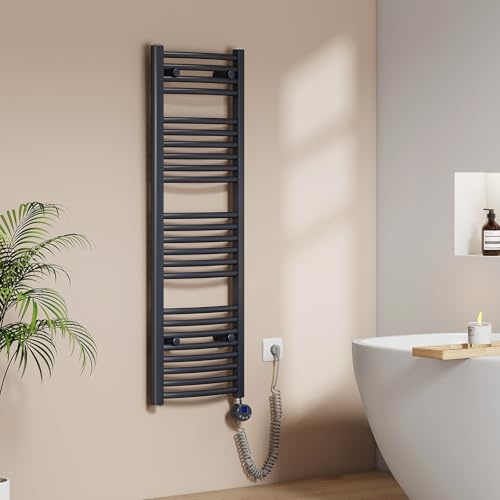 EMKE Sèche-Serviettes électrique avec Thermostat, 1200x 400 mm, radiateur de Salle de Bain courbé électrique, Chauffe-Serviettes, Porte-Serviettes électrique, Anthracite, 500W