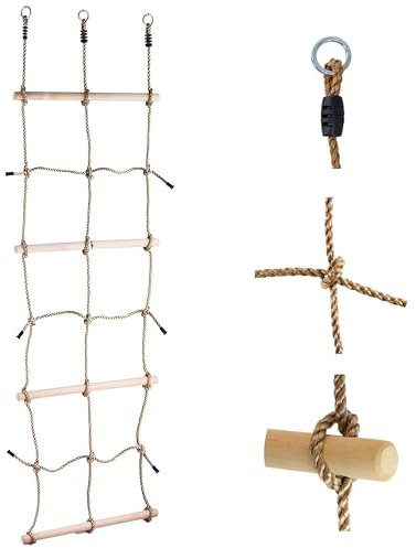 The Magic Toy Shop Rope Ladder Climbing Net for Kids – Safe & Sturdy Cargo Net with Wooden Rungs & Hanging Rings – Outdoor Playground Equipment, Treehouse Accessories, Swing Frame Attachment