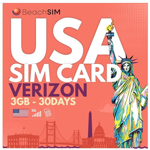 BeachSIM Tarjeta SIM USA 30 días. 3GB de Datos prepago Solo Datos a Velocidad 4G/5G. Recarga fácil y activación rápida. Funciona en Dispositivos iOS y Android.