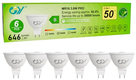 GY Ampoules LED GU5.3 MR16 12V Classe B, 646LM Blanc Neutre 4000K，3.8W Équivalent 50W 36° Angle LED Spot (Faisceau Étroit), Efficacité Energétique, Non-Dimmable,Pas de scintillement, Lot de 6