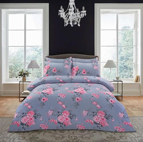 Luxury 4 Piece Bedding Set – Duvet Cover, Fitted Sheet & 2 Pillowcases – Soft, Breathable Fabric – Hotel Quality – Floral/Greek/Jacquard – Machine Washable – Lily Grey, Single