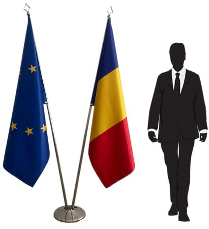 Conjunto de banderas Rumania y UE con hampes y base sólida: presentación oficial para oficinas, embajadas y eventos protocolarios. Código CN3-EU-RO-L