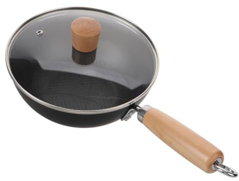 VALICLUD Wok Pequeño de Hierro Forjado con Tapa y Mango para Cocina Multifunción Gas Resistente y Fácil de Limpiar