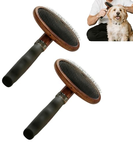 Holzgriff-Hunde & Katzenbürste, Slicker-Bürste, Zupfbürste & Unterwollbürste, Rutschfester Griff, Für Fellpflege, Verfilzungsbekämpfung & Lockenhaarentfernung​ (2 Stück)