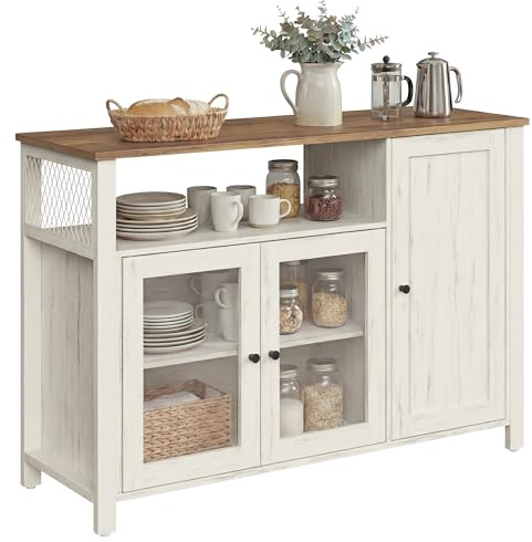 VASAGLE Aparador, Armario de Cocina, Armario de Almacenaje, con 3 Puertas, para Salón, Cocina, Comedor, 33 x 110 x 75 cm, Estilo Casa de Campo, Marrón Miel y Blanco Rústico LSC096WJ02