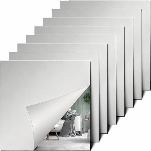 MINWEGI mirror tiles self adhesive, 8 Pcs Flexible mirror stickers 15x15cm Acrylic Stick on Mirror Tiles, Non-Glass Adhesive Wall Mirrors for Bathroom, Bedroom, Door