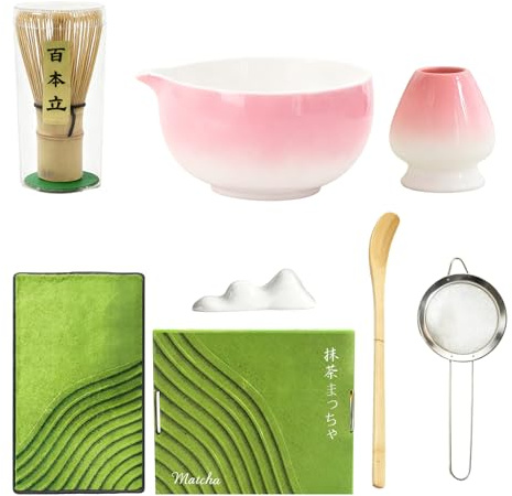 7 piezas Matcha Set Te Matcha Kit Juego Completo de Ceremonia Matcha Japonés con Batidor Bambu Matcha Porta Batidor Cuenco de Matcha de Cerámica Cuchara de Té para Preparar Matcha Tradicional (rosa)