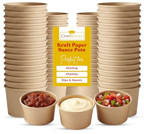 CHEF ROYALE 100x 4oz Sauce Pots - Kraft Small Pots Round Containers Ideal for Ketchup, Chutney, Dips and Sauces (120ml) (100, Kraft, 4oz)