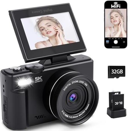 Camara de Fotos con WiFi, Cámara Digital con Pantalla Abatible 180°, CAM Compacta con 32G Tarjeta, 18X Zoom Camara con Estación de Carga, 2 Baterías para Principiantes Niña Niños Chico Adolescentes